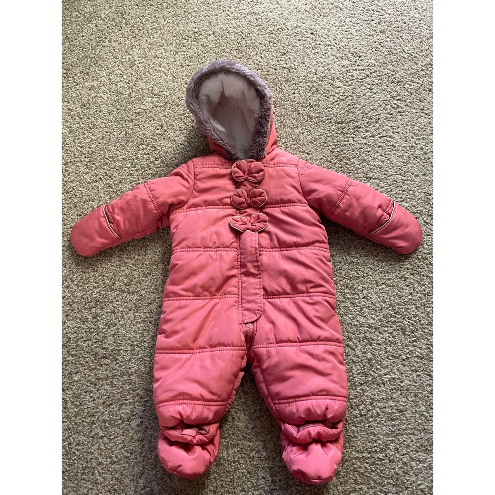 First Impressions Pink Puffer Snowsuit Bunting with Bows and Faux Fur Hood 3-6M